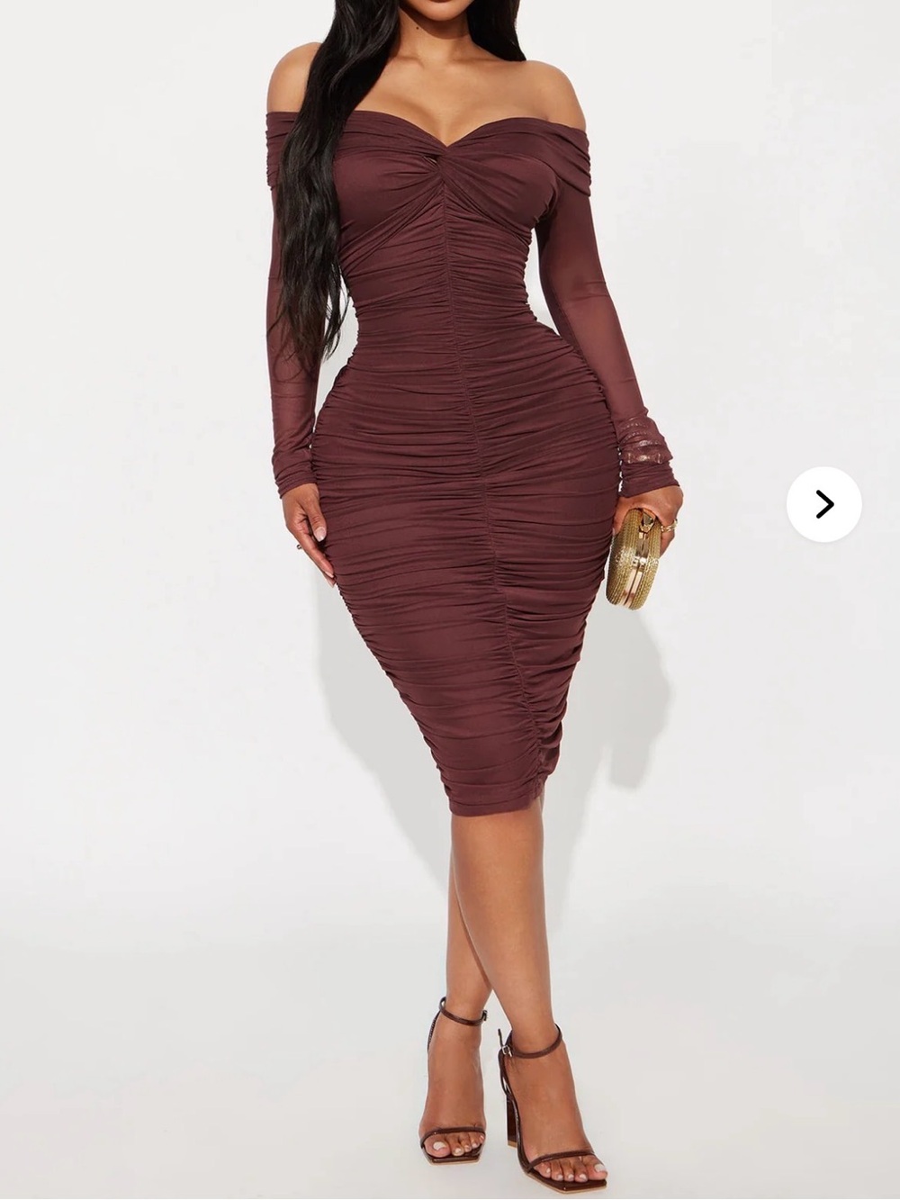 Ruched Long Sleeve Madi Dress in Brown